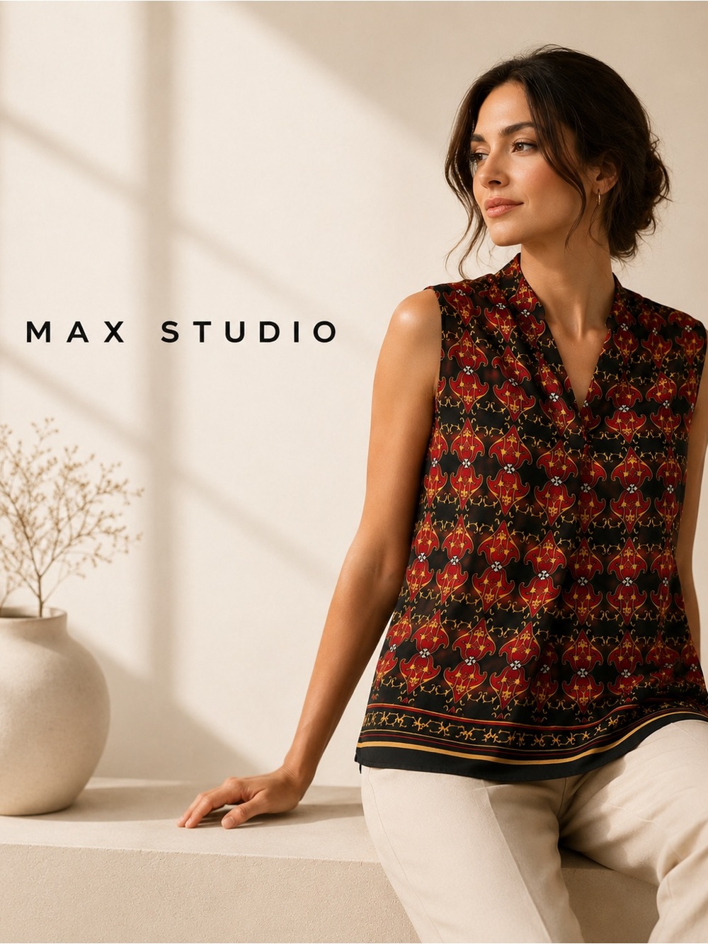 Max Studio Sleeveless Baroque Print Blouse Quiet Luxury Chic Top Scarf Print